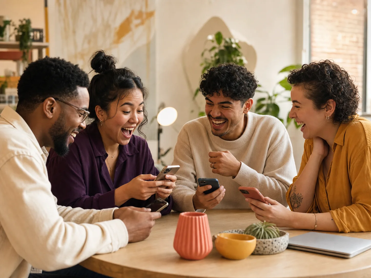 Coworkers laughing together while playing AgoroFie on their phones